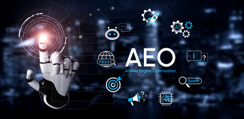 Futuristic Technology Concept Illustrating Answer Engine Optimization with Robotic Hand and Digital...
