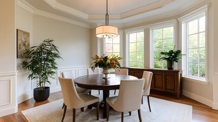 Fototapeta premium A warm dining room features a round wooden table surrounded by beige chairs under a hanging lamp near large