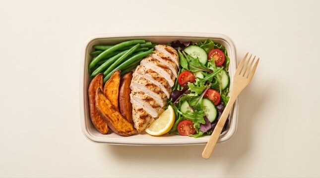 A balanced, healthy meal prep container features grilled chicken, green beans, sweet potato wedges, and fresh salad. This nutritious, convenient meal supports sustainable, modern lifestyles.