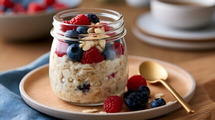 Obraz premium A glass jar filled with overnight oats topped with fresh berries and sliced almonds on a wooden plate