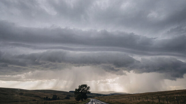 Dramatic, cloudy sky over a winding country road with sun rays and distant rain showers in a vast landscape.