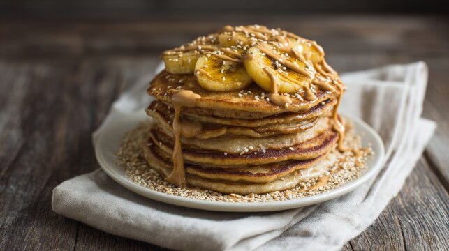 Stack of homemade pancakes topped with sliced banana and peanut butter