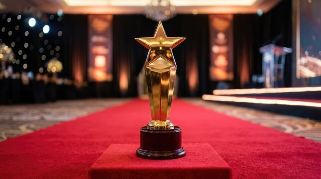 Golden Star Award on Red Carpet: A prestigious golden star award stands proudly on a vibrant red carpet, set against the opulent backdrop of an awards ceremony hall.