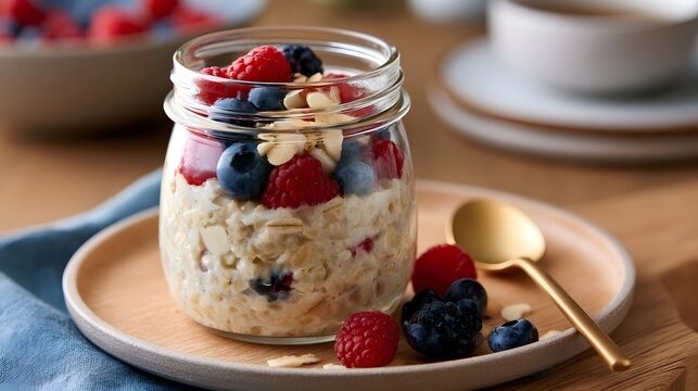 A glass jar filled with overnight oats topped with fresh berries and sliced almonds on a wooden plate