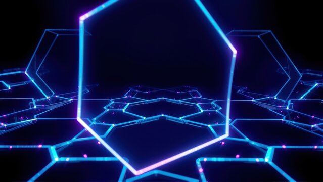 Neon hexagons form abstract landscape. Glowing lines create futuristic, digital scene. Dark background emphasizes bright geometry.