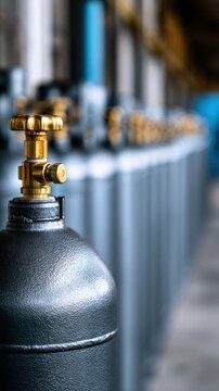 Industrial row of metal gas cylinders with brass valves stored in a warehouse, showing focus on the closest tank with blurred background providing depth and per
