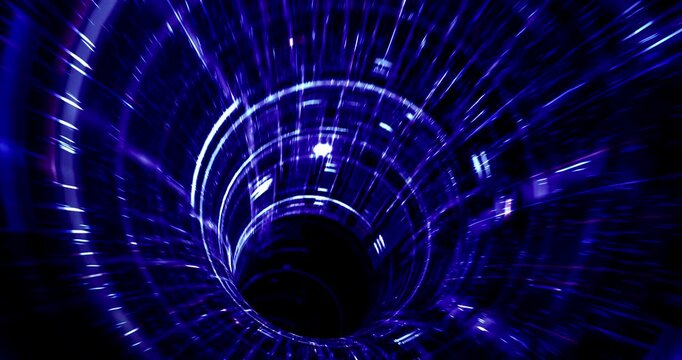 Abstract blue technology data transfer tunnel animation with glowing light beams in seamless loop. 4K 3D Animation.