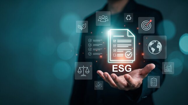 Esg criteria reporting a person presenting a virtual document showcasing environmental social and governance standards environmental governance sustainability criteria reporting corporate