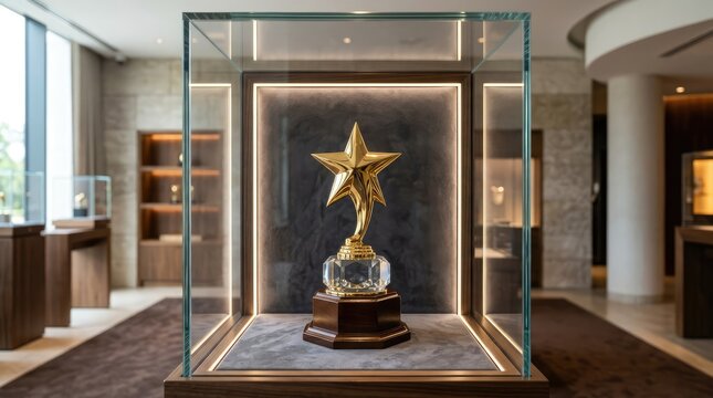Golden Star Trophy in Display Case: A glittering golden star trophy stands proudly inside a polished glass display case, illuminated by ambient lighting.
