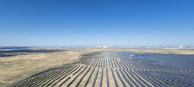 Aerial View of Vast Desert Solar Farm in Energy and Chemical Industry Base