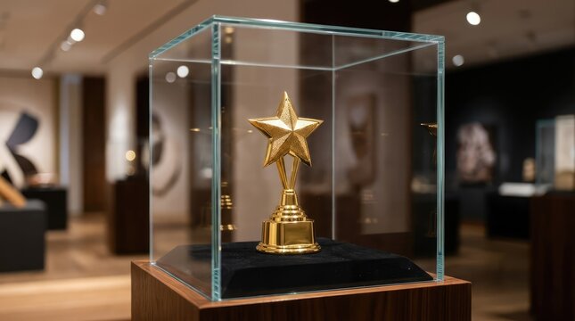 Golden Star Award in Museum Display: A prestigious golden star trophy, symbolizing achievement and excellence, is showcased within a glass display case in a sophisticated museum setting.