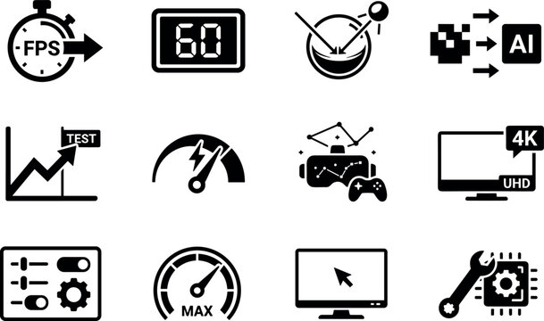 Video Game Performance and Graphics Optimization Icon Set for PC Hardware Benchmarking, Display Settings, and Vector Design