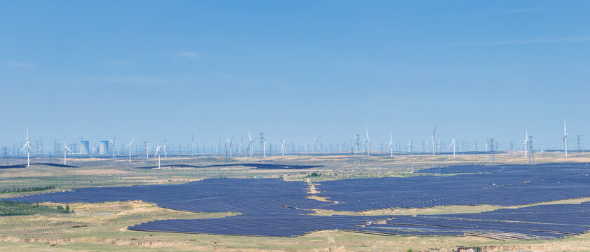 Vast Desert Renewable Energy Base with Solar Panels, Wind Turbines and Thermal Power Plant﻿