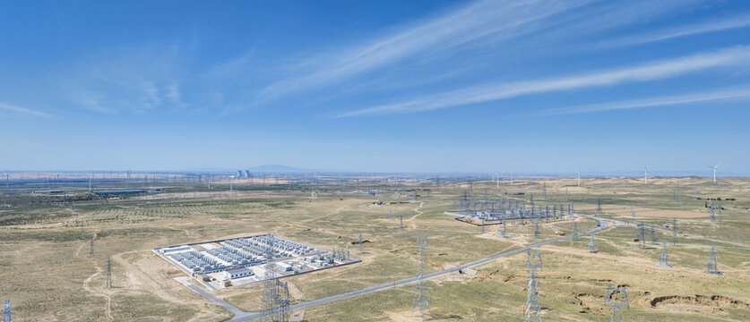 Aerial View of Energy Storage Power Station and Substation in Vast Gobi Desert Energy Base