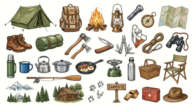Collection of hand-drawn black and white doodle icons representing various outdoor adventure and camping equipment