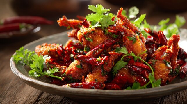 Crispy spicy fried chicken wings with dried red chilis and cilantro