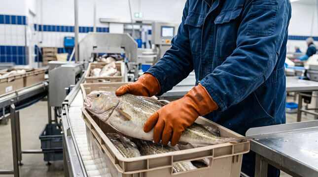 Fish Factory Worker Handling Fresh Cod in Plastic Crate on Conveyor Belt