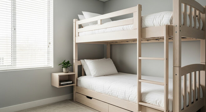 Minimalist wooden bunk bed equipped with storage drawers at the bottom and hanging bedside table.