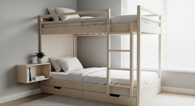 Minimalist wooden bunk bed equipped with storage drawers at the bottom and hanging bedside table.
