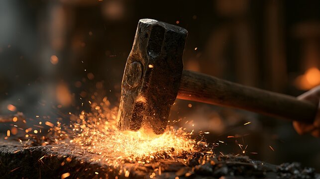 Blacksmith striking hot glowing metal with a heavy steel hammer.