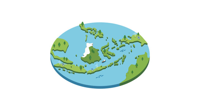 Isometric Indonesia map illustration on circular base.