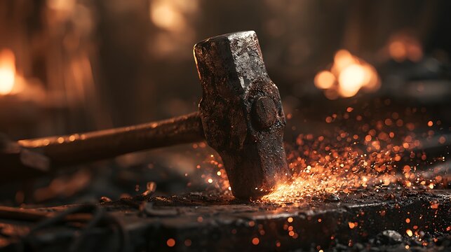 Blacksmith forging glowing hot metal with heavy hammer in workshop.