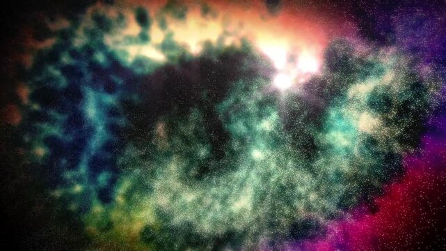 Colorful galaxy nebula space background with shining dust particles glowing stars and flowing cloud motion