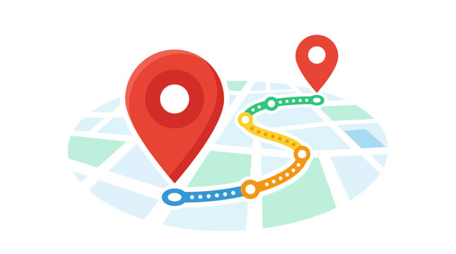 Isometric map with navigation route and location pins.