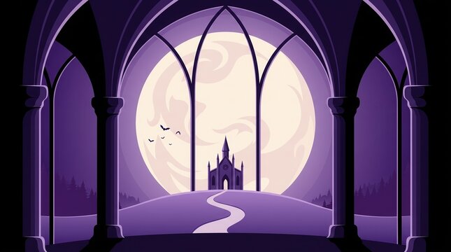 Spooky gothic castle view through stone arches under full moon night with halloween