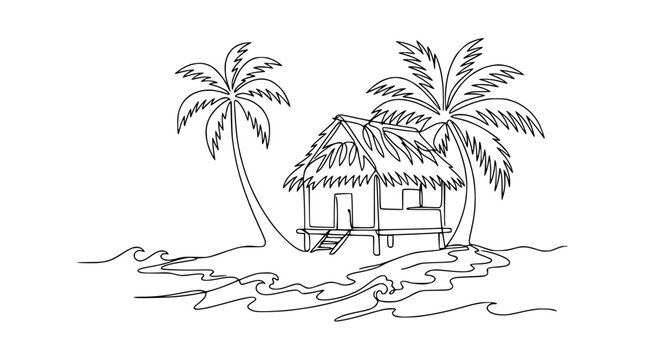 Tropical island hut with palm trees and ocean waves, line art, isolated