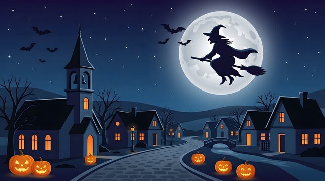 Halloween night background with witch flying on a broomstick over a spooky village with full moon and jack-o-lanterns vector illustration