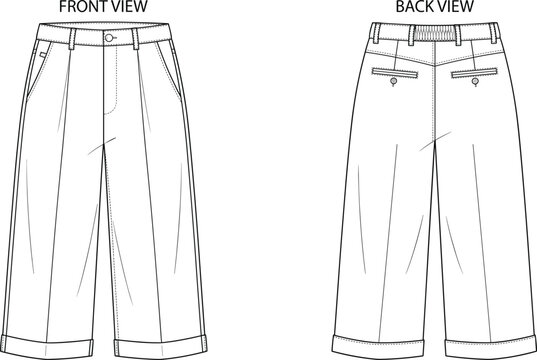 Pleated wide leg cropped trousers flat sketch vector template for fashion tech pack design