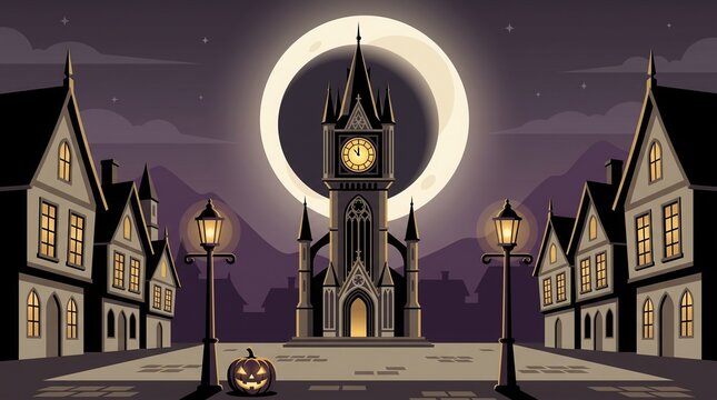 Halloween pumpkin on square in front of old clock tower at night with jack o lantern