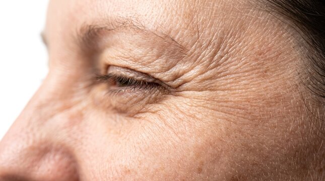 Extreme close up of eye area with crow feet wrinkles and fine lines on mature skin