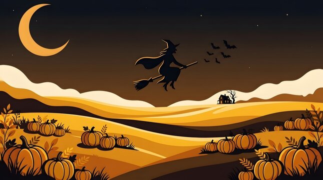 Halloween night background with witch flying on a broomstick over a pumpkin patch, crescent moon and spooky house vector illustration