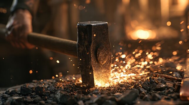Blacksmith forging glowing hot metal with heavy hammer in workshop.