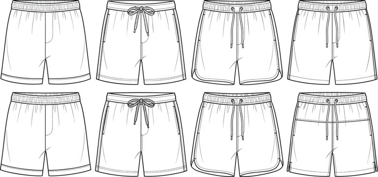 Set of men casual athletic swim shorts fashion technical flat sketch vector templates