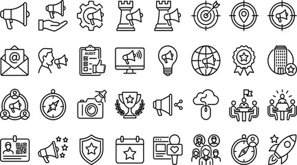 Fototapeta premium Digital media advertising and corporate communication line icons depicting loudspeaker global market target audience audit trophy and business strategy concept