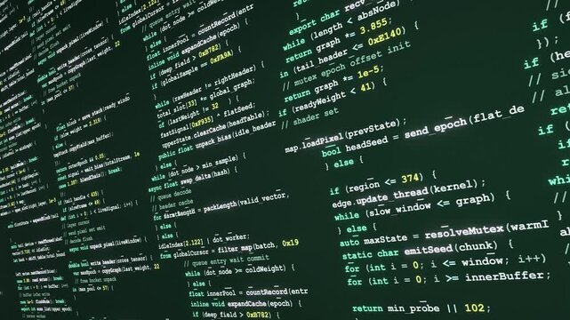 Diagonal wall of green programming code on dark screen