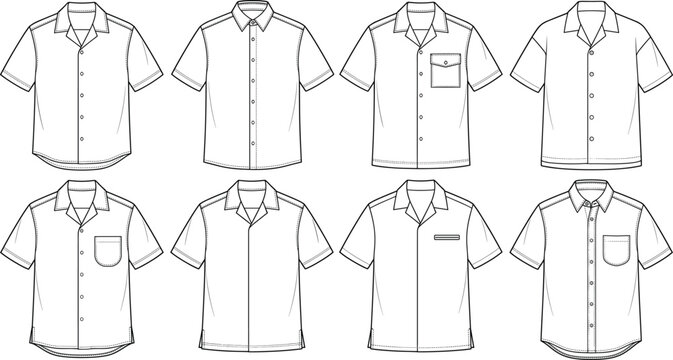 Set of men casual short sleeve button up shirts fashion technical flat sketch vector templates