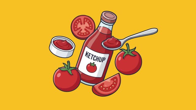 Tomato ketchup bottle with fresh tomatoes and spoon animation