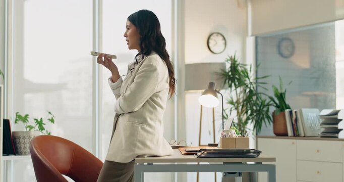 Business, speaker or woman in agency with phone call, funding request or online chat on portfolio. Networking, talking or finance advisor with tech, investment inquiry or feedback on client account