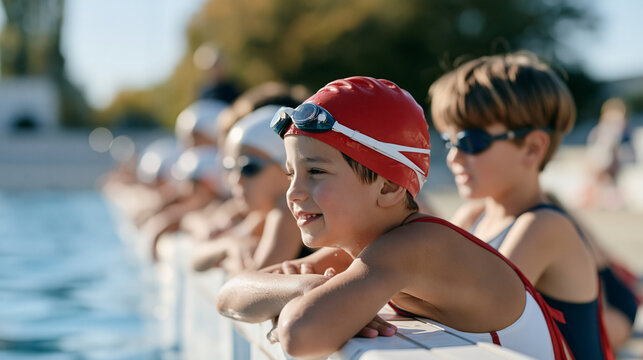 Swim team junior squad standing at the edge of an empty desolate outdoor lido pool in early autumn, wide establishing shot capturing the full length of the facility, children in