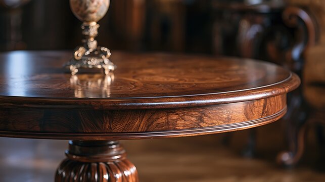 Elegant antique wooden round dining table in a luxury home interior.