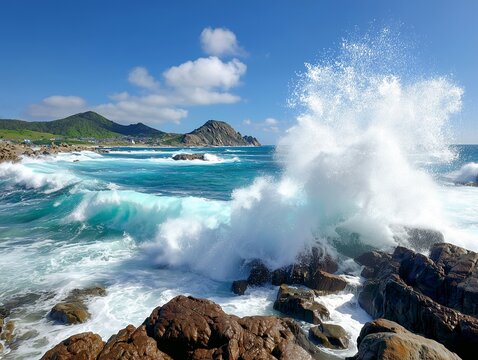 晴れた日の海岸に荒波が打ち寄せる雄大な海の絶景