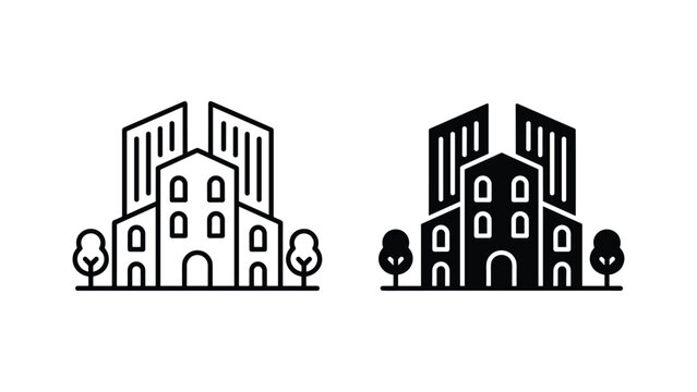 Residential house and commercial office buildings icon in outline and solid black vector