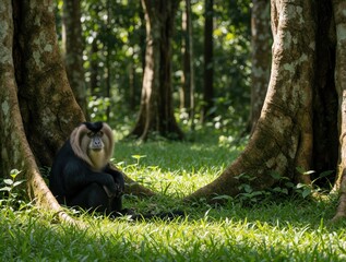 Obraz premium Lion tailed macaque sits on green grass between large tree trunks in tropical jungle. Endangered primate looks forward with white mane. Rare wild monkey rests in forest habitat near woods during