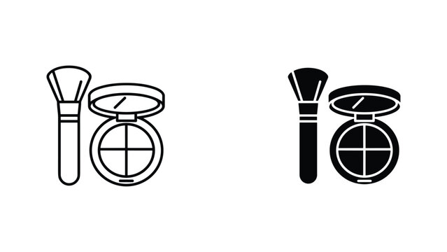 Makeup powder compact and cosmetic brush icon set in outline and solid black vector graphic style