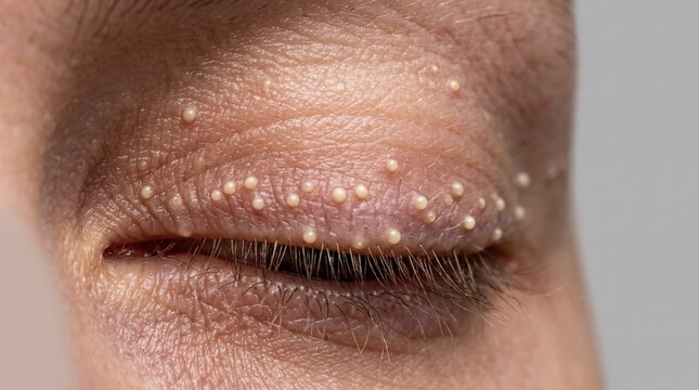 Macro close up of closed eyelid with numerous small milia white bumps