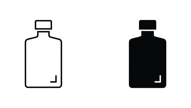 Small medicine or cosmetic bottle icon set in simple outline and solid black vector graphic style